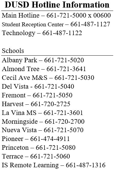  DUSD Hotline Information Main Hotline – 661-721-5000 x 00600 Student Reception Center – 661-487-112